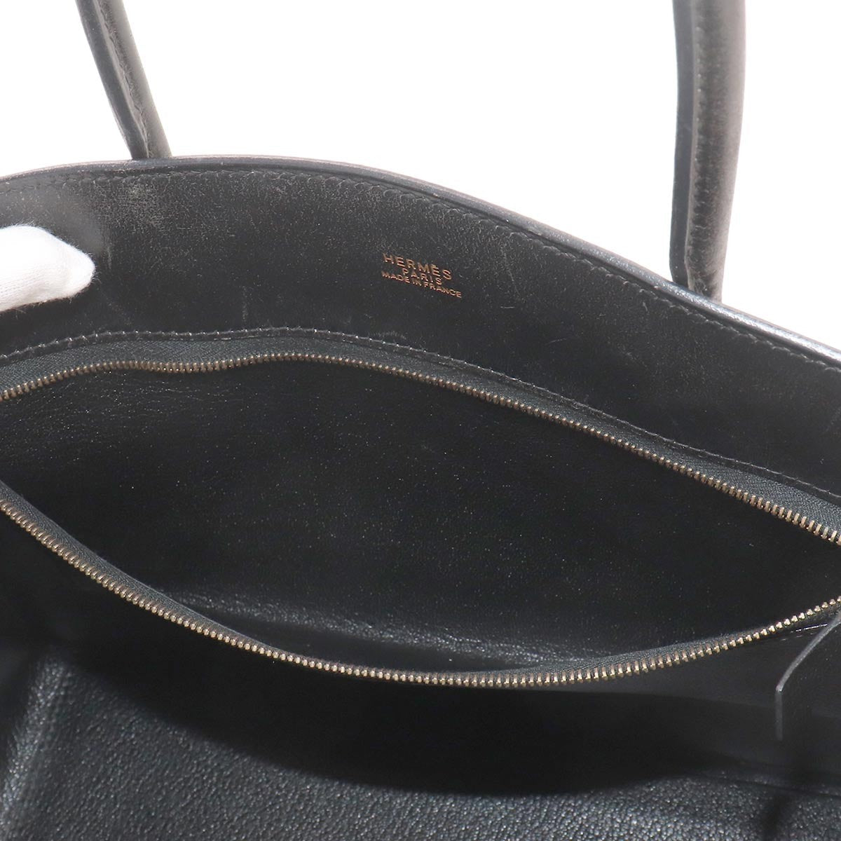 HERMES White Bass PM Tote Bag Box Calf Black Purse 903342106