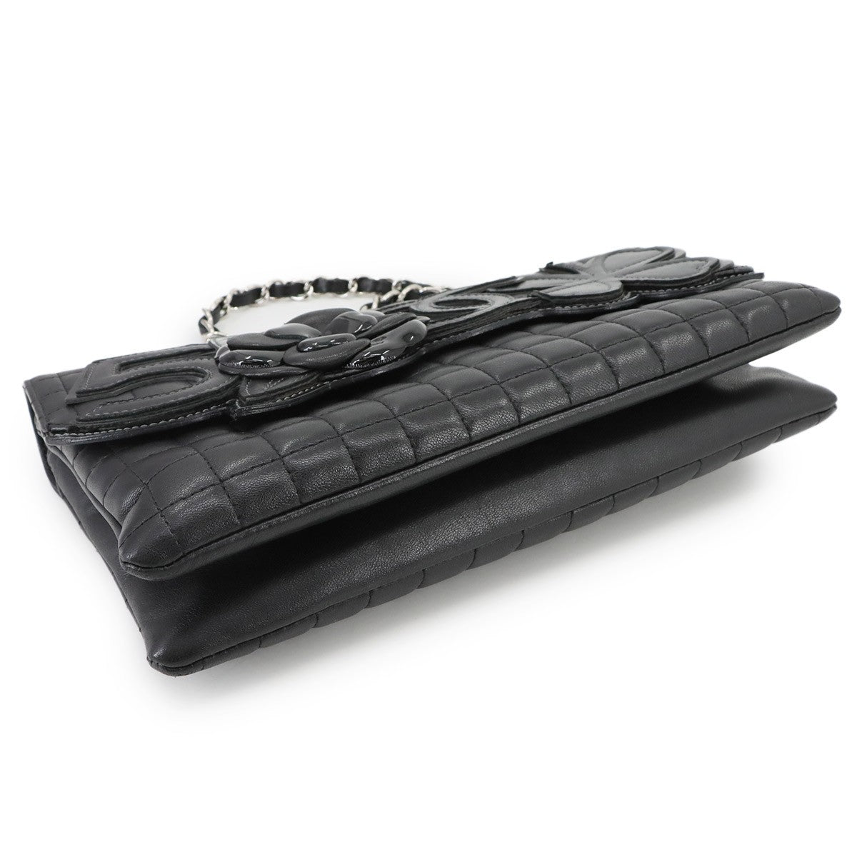 CHANEL Chocolate bar Camellia Chain Shoulder Bag Leather Black Purse 903006433