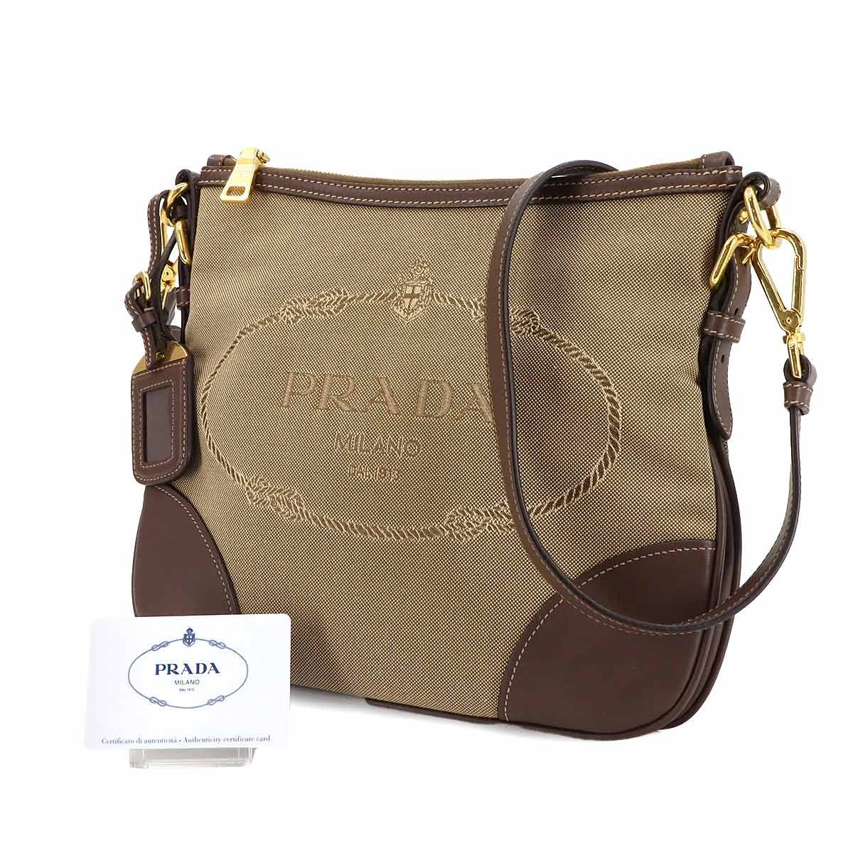 PRADA Logo Jacquard Shoulder Bag Canvas Leather Beige Brown Purse 903015511