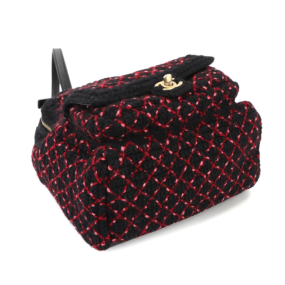 CHANEL Back Pack Knit tweed Leather Black Red A91925 Coco Logos 902768403