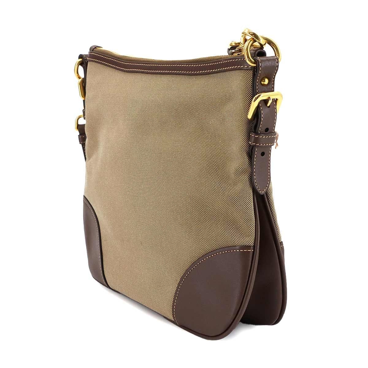 PRADA Logo Jacquard Shoulder Bag Canvas Leather Beige Brown Purse 903015513