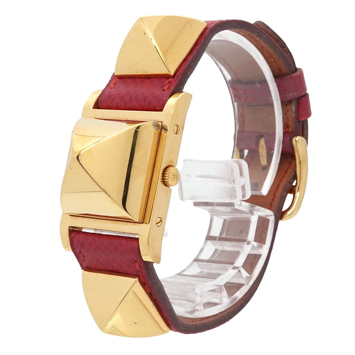 HERMES Medor Vintage pyramid Gold studs Quartz White Dial Ladies 903332262