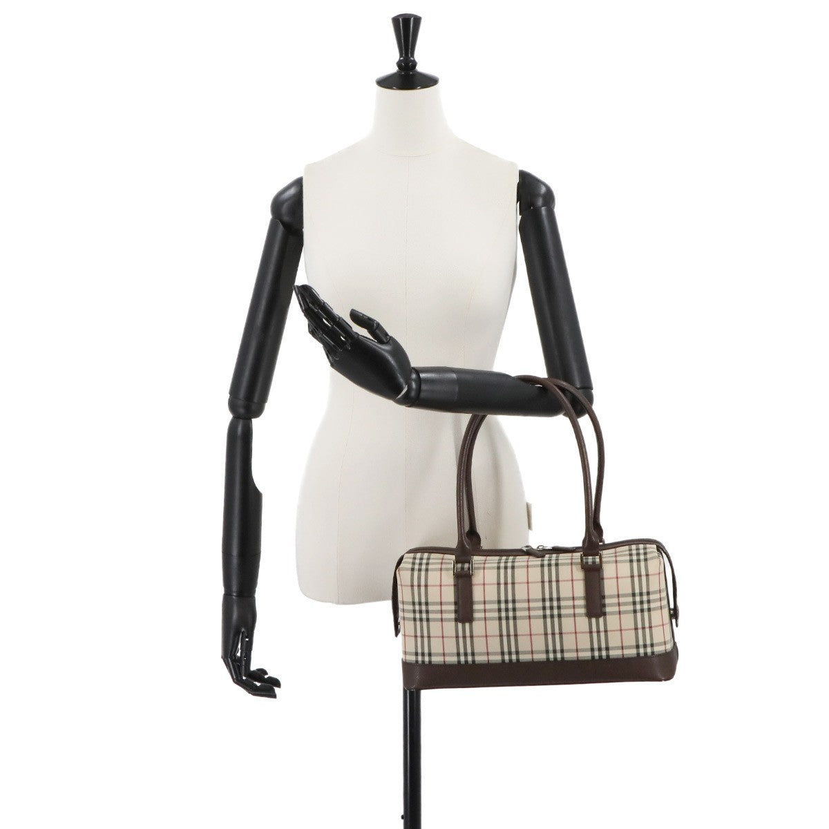 BURBERRY Plaid Hand Bag Canvas Leather Beige Brown Purse 903010649