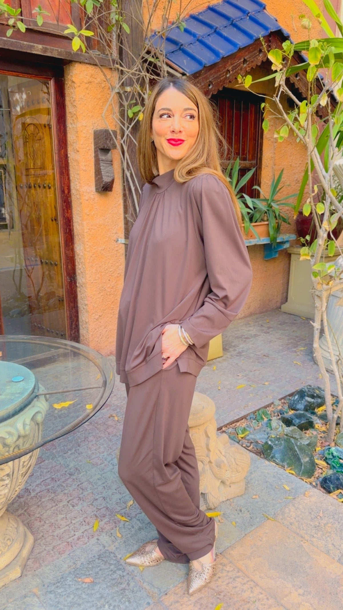 TROUSER DOME BROWN ORGANZA GOLD PIPING MCL13495