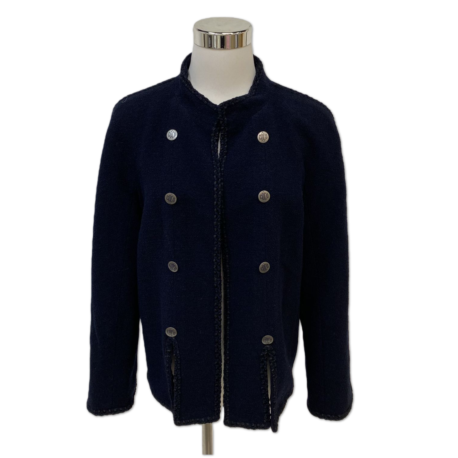 Chanel Navy Bouclé Double-Breasted "COCO" Button Knit Jacket size 44 C18947773805