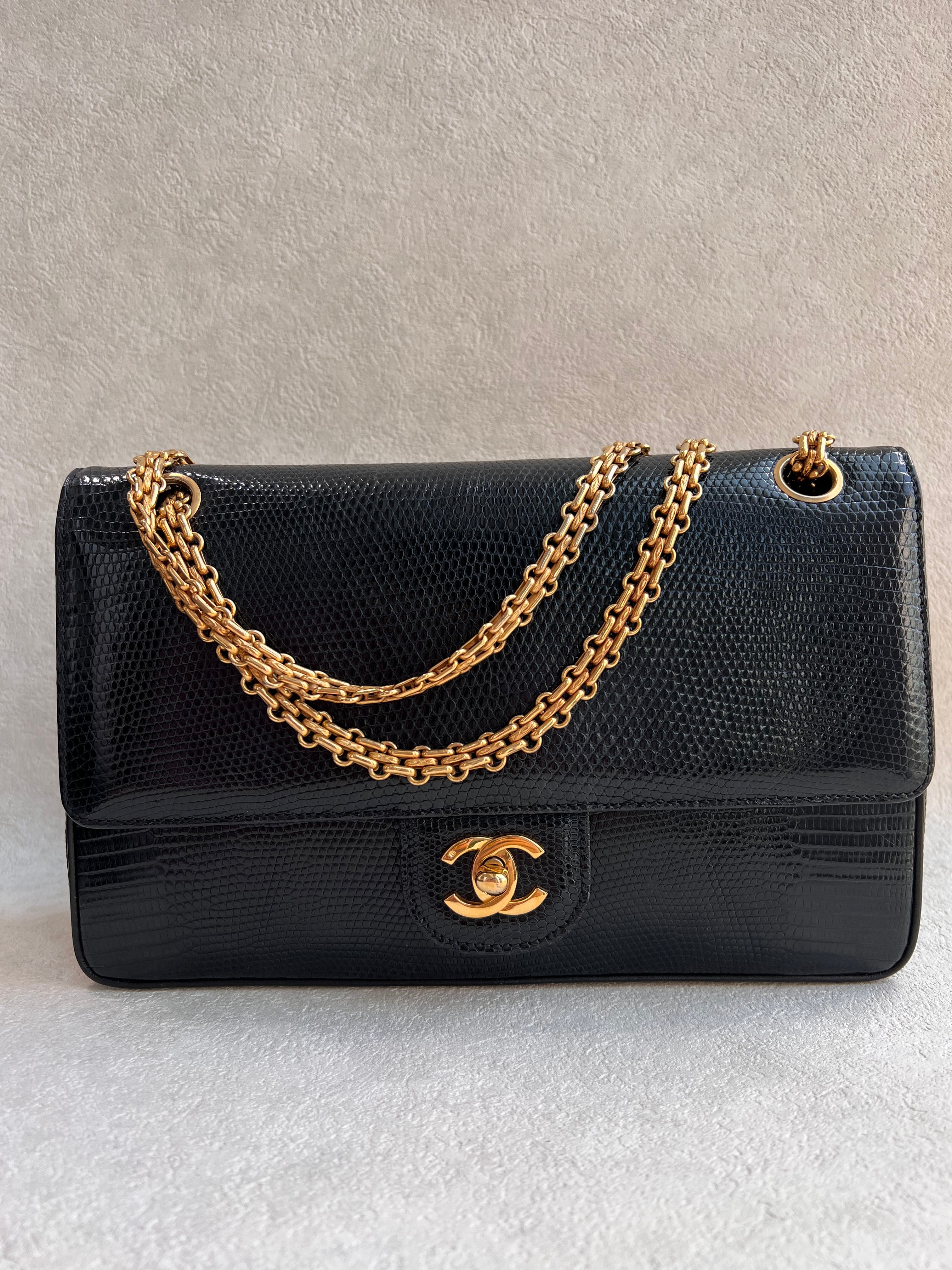 Chanel Classic Medium Double Flap Lizard Black GHW SYCYB1139
