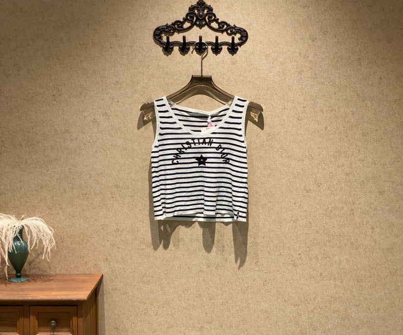 Dior 25SS New Blue and White Striped Lucky Star Slogan Logo Vest / Size 36 / Brand New with Tether / 39994 SYCF39994