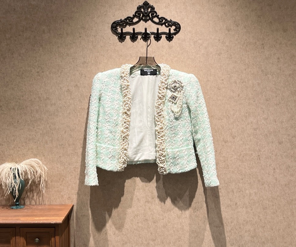 Balmain Heavy-duty Rhinestone and Pearl Tweed Jacket / Size 36 / 99% New / 42344 SYCF42344