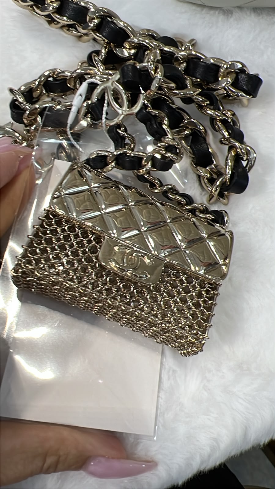 Chanel Black Leather Interwoven Chain Micro Flap Bag Charm Necklace mSYC2027
