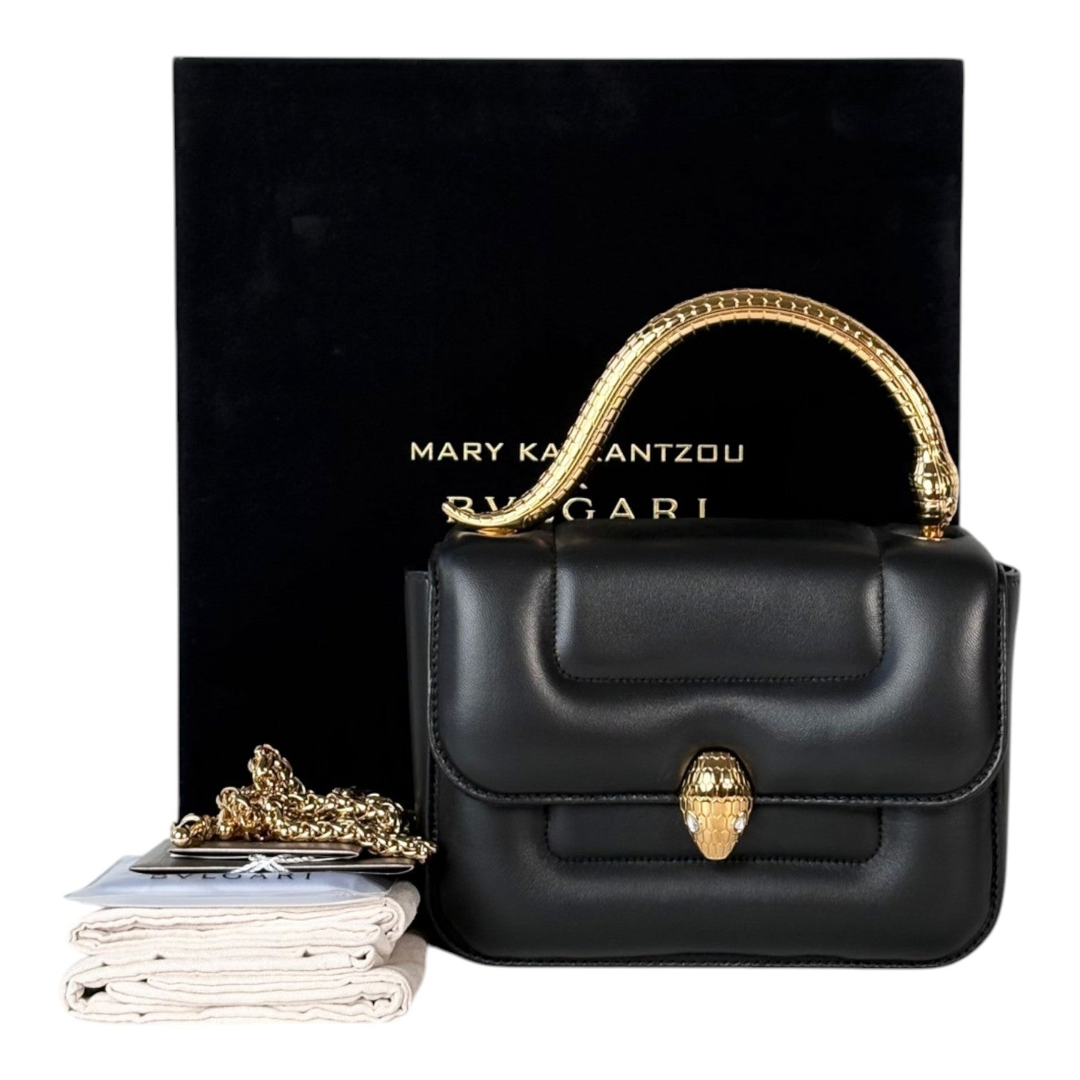 Bvlgari X Mary Katrantzou Black Serpenti Bag with Top Handle in Nappa Lambskin with Gold Hardware