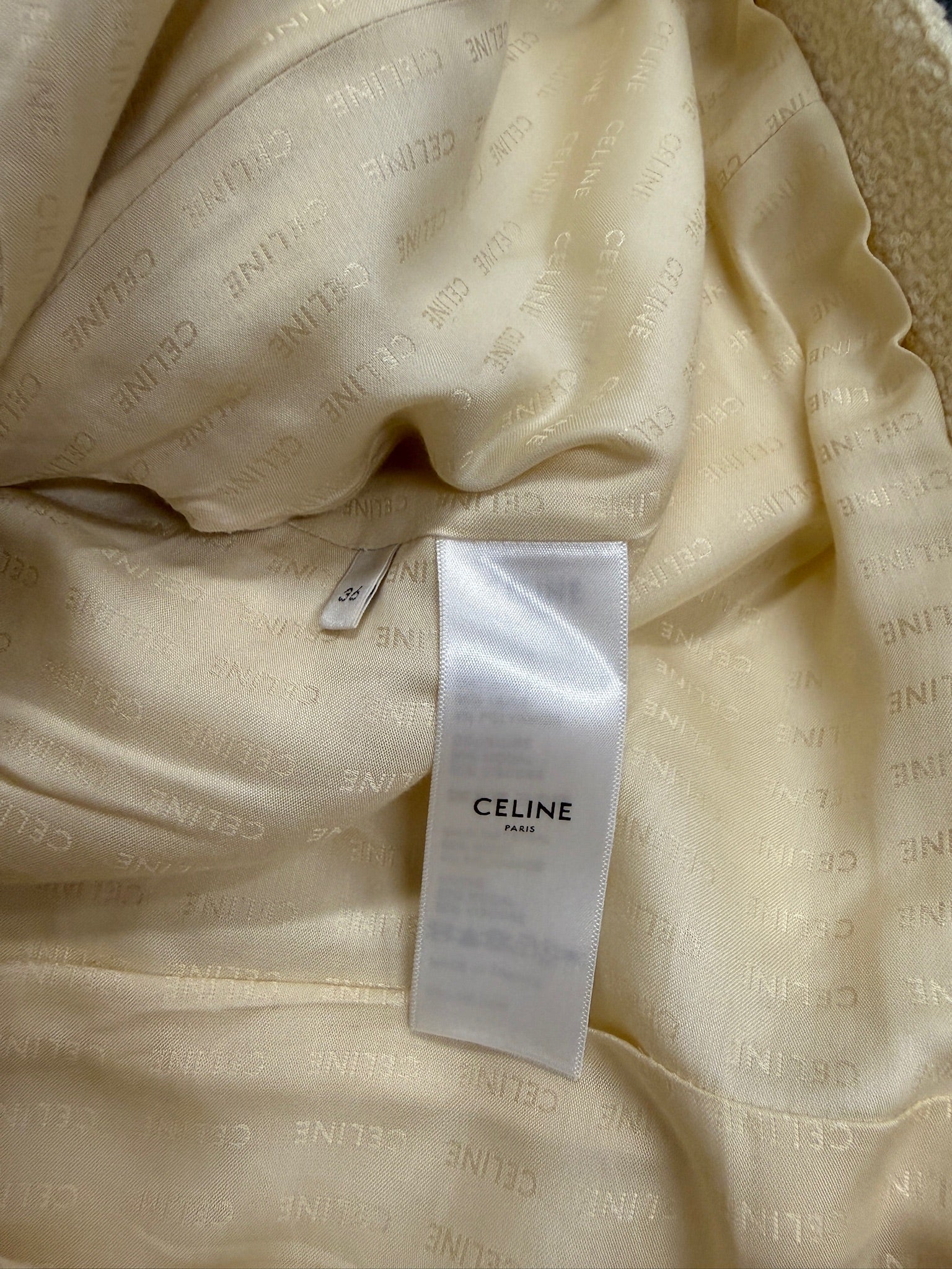 Celine Women's Wool Blend Tweed Short Sleeve Jacket & Skirt Set - Beige with Gold Buttons