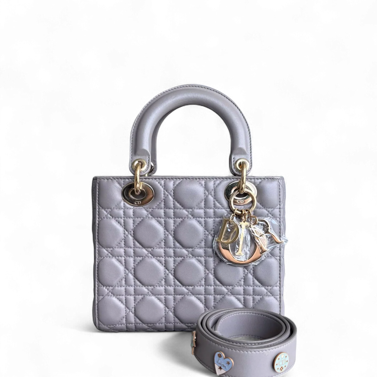 DIOR LADY SMALL - CANNAGE LAMBSKIN GREY GRAY GOLD HARDWARE SYCM527