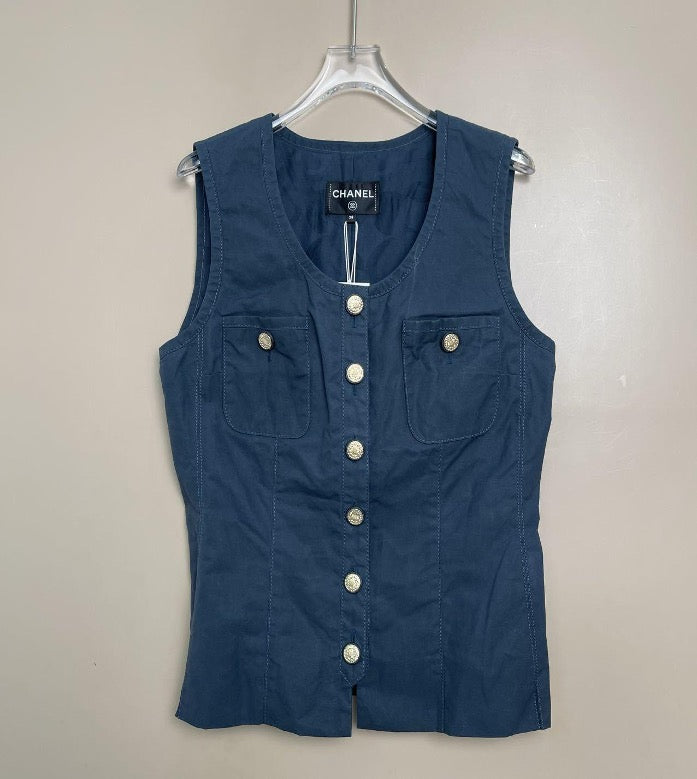 Chanel Blue Vest with Gold Buckles, Size 38 SYCC2096