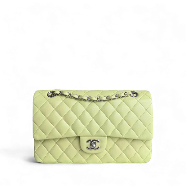 CHANEL CLASSIC FLAP MEDIUM LAMBSKIN LIME SILVER HARDWARE SERIES 14 SYCM545