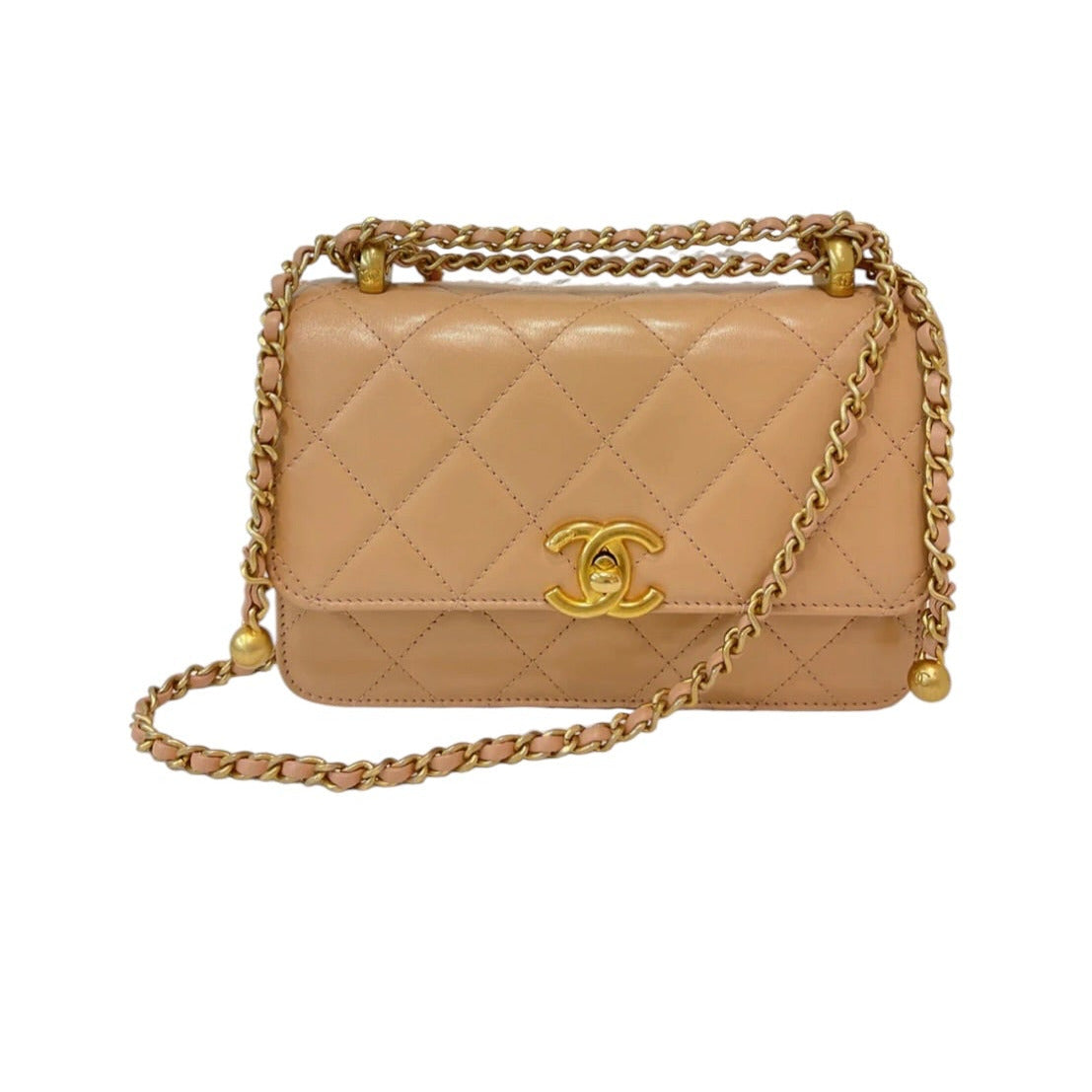 Chanel Small Beige Flap Bag with Double Golden Crush In Shiny Calfskin with GHW