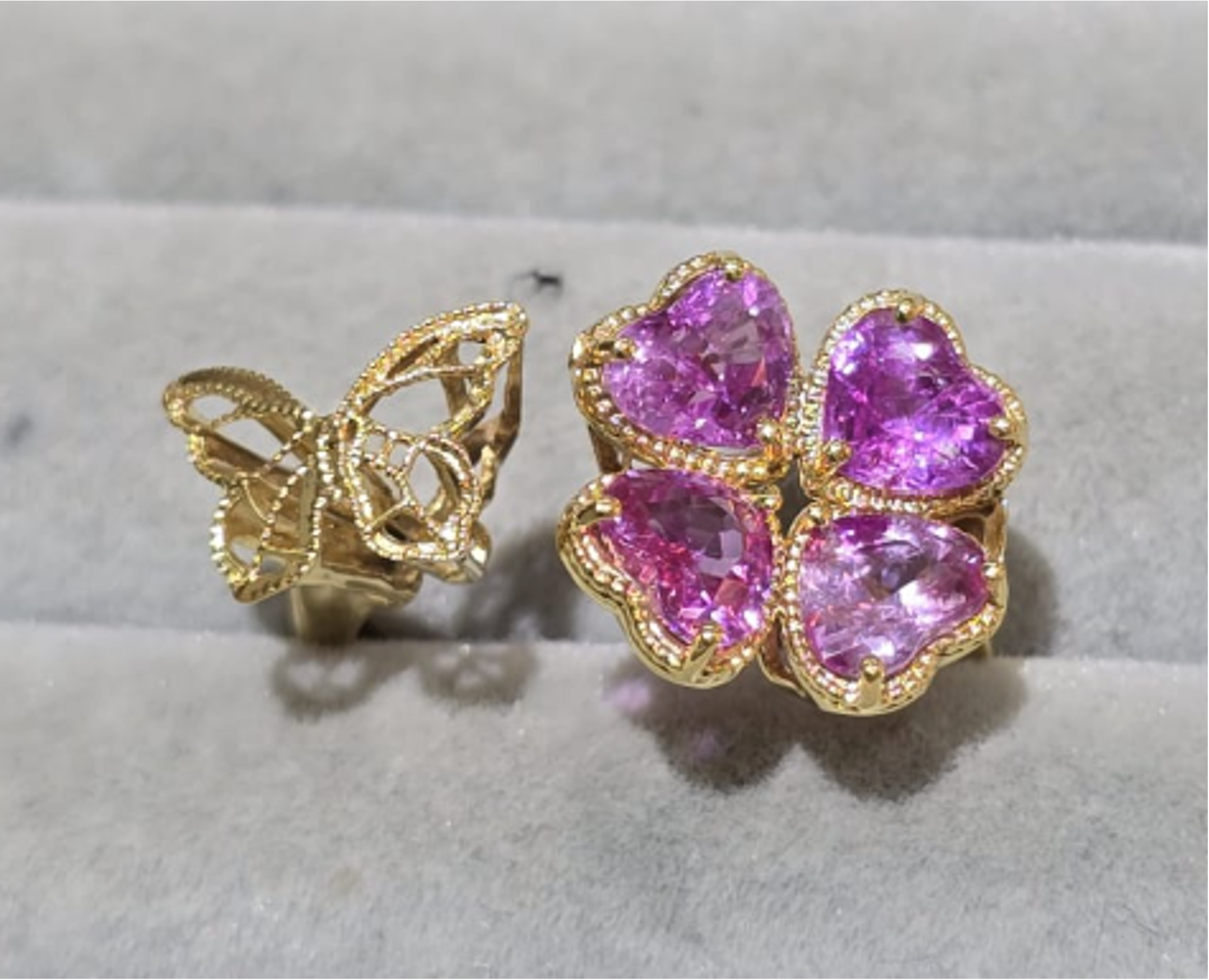 2.7ct Unheated BurmaPink Sapphire Clover & Butterfly Ring in 18K gold setting SYCB66