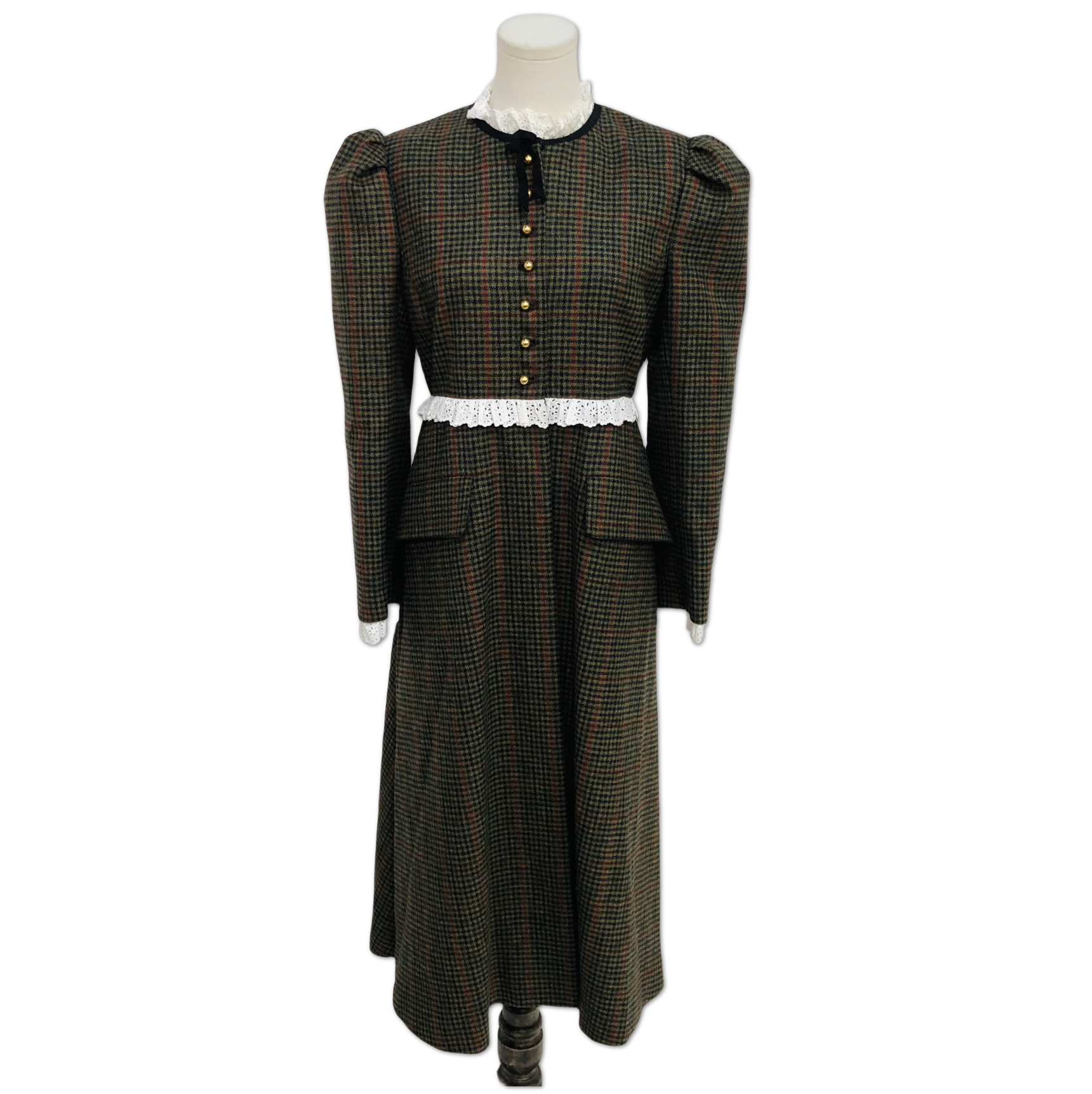 Miu Miu Green and Brown Houndstooth Lace-Trim Long Dress size 42 C18048276525