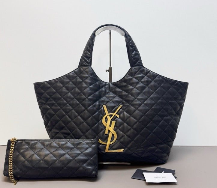 YSL Black and Gold Lambskin Quilted ICARE Large Tote Bag 37 (with Sub-bag) 24360463