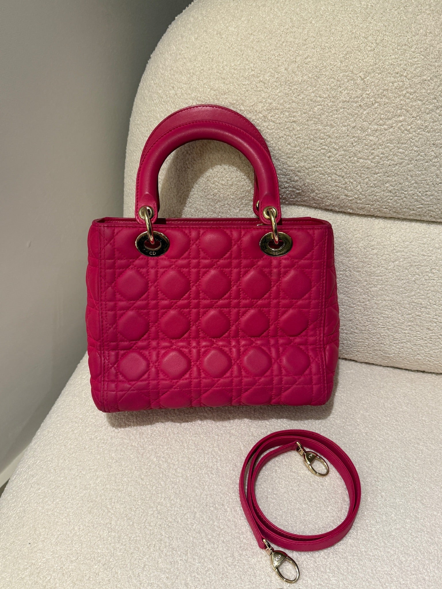 Dior Lady Dior Fuchsia Medium Handbag with Detachable Strap