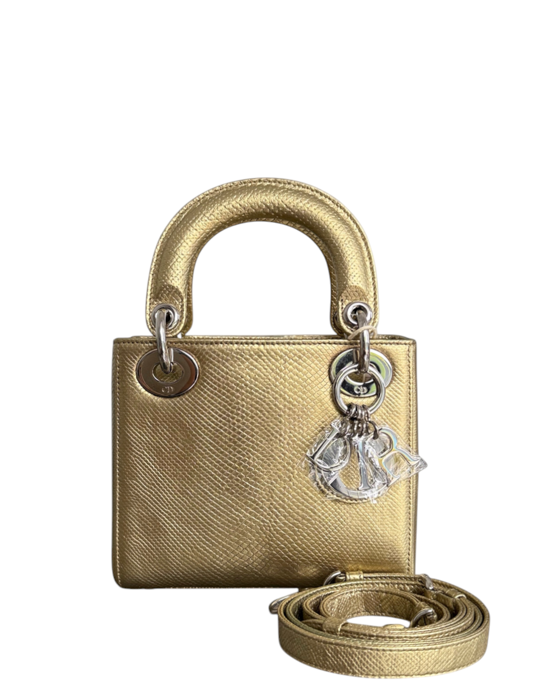Luxury Evermore Mini Lady Dior handbag in metallic gold textured leather with silver hardware and logo charms.