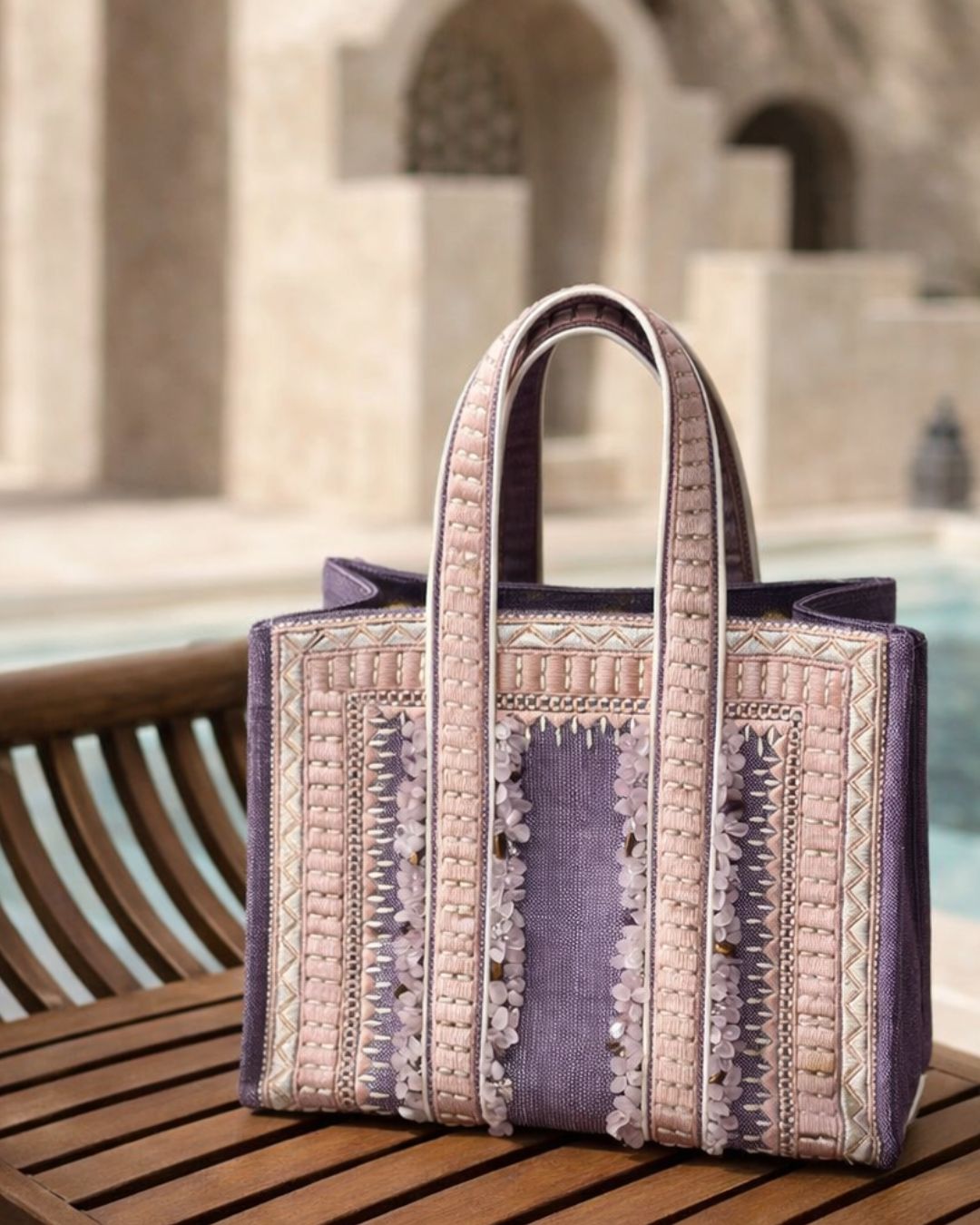 Limited-Edition Mini Tote Bag with Hand Beaded Rose Quartz Crystal Stones