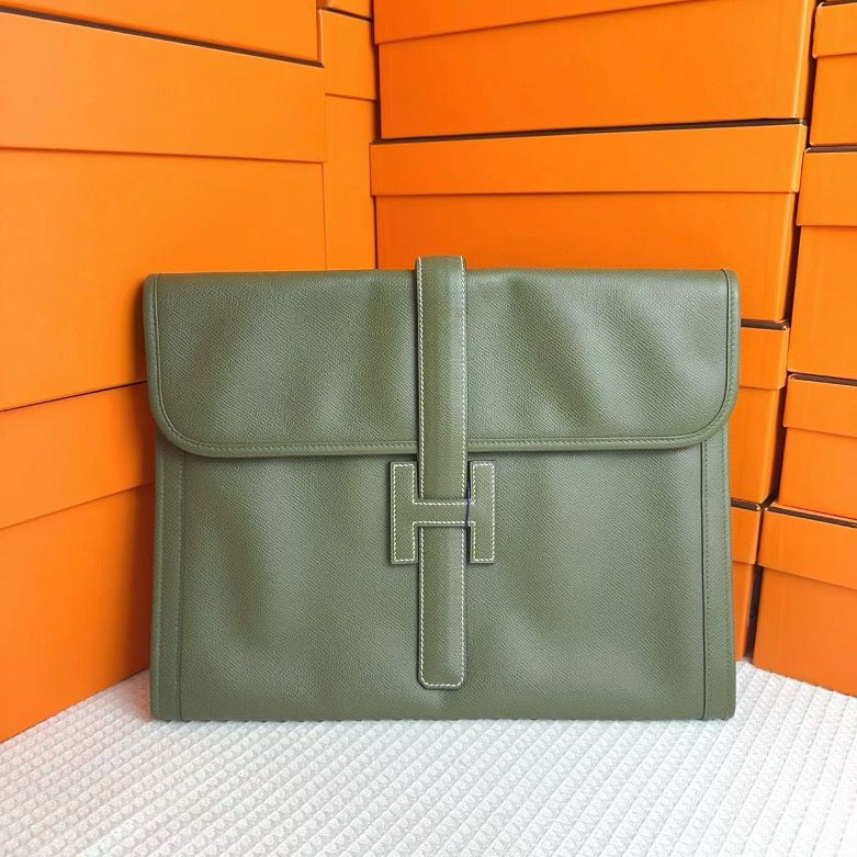 *Hermes Jige Clutch Vert Olive Epsom TGM 34*27cm SYC2158