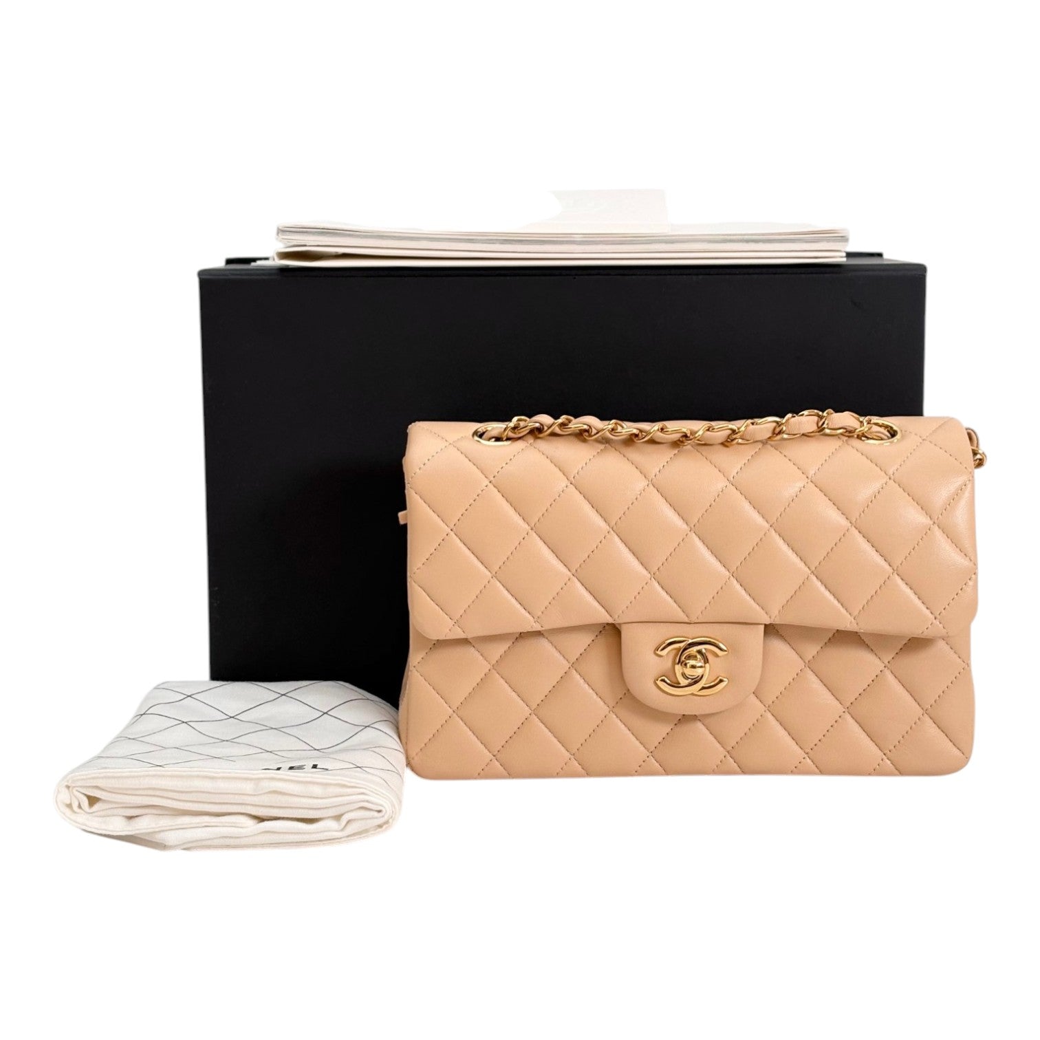 Chanel Small Beige Classic Flap in Lambskin with Gold hardware