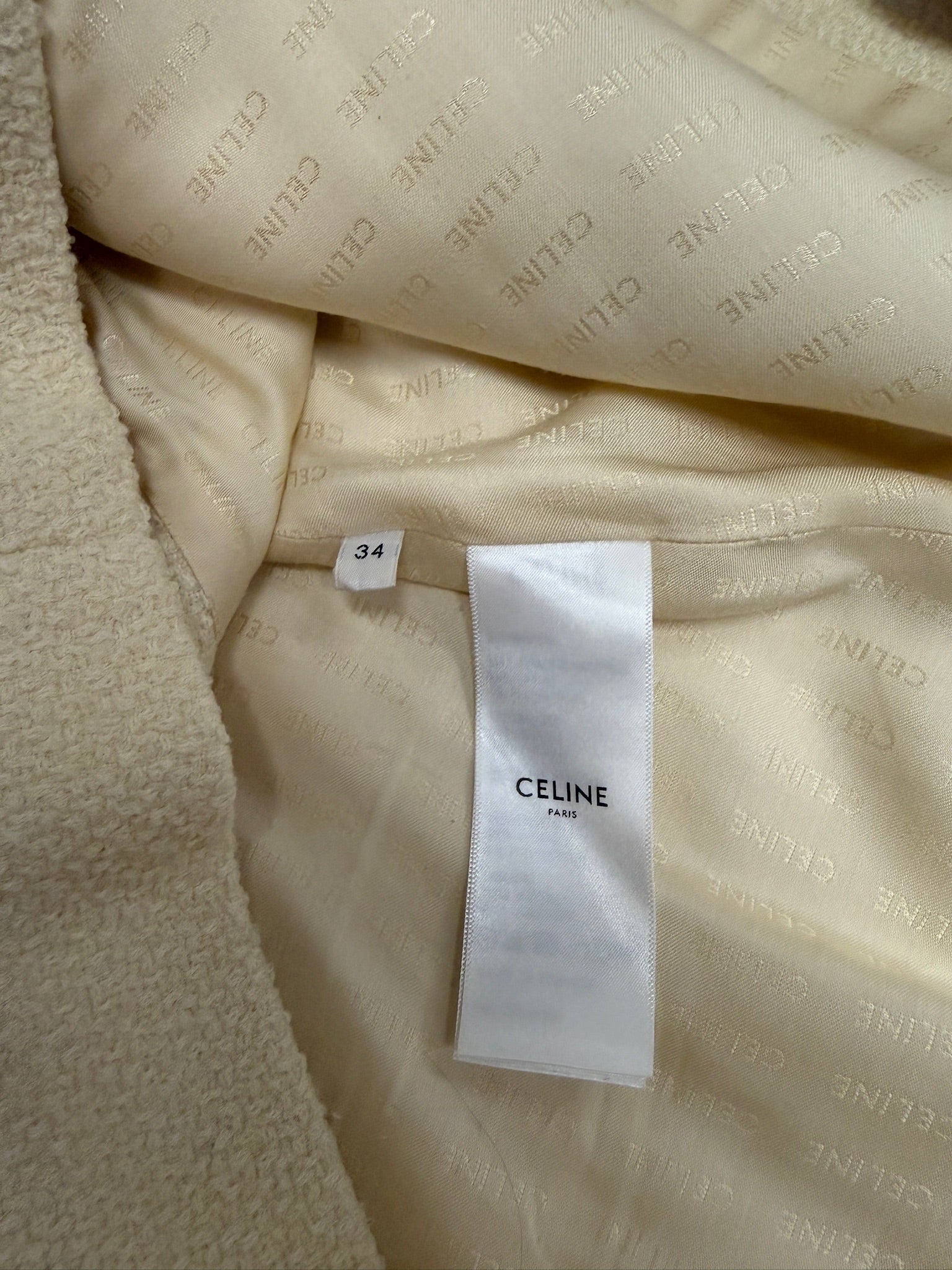 Celine Women's Wool Blend Tweed Short Sleeve Jacket & Skirt Set - Beige with Gold Buttons