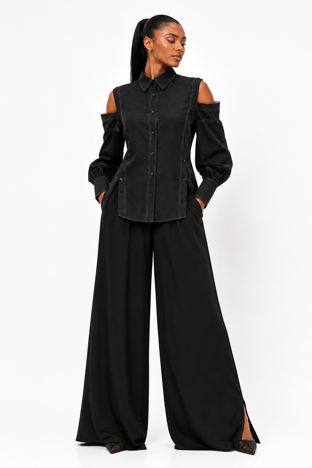 SIDE BUTTON GATHERED-WAIST TROUSERS بنطلون “OPAL”