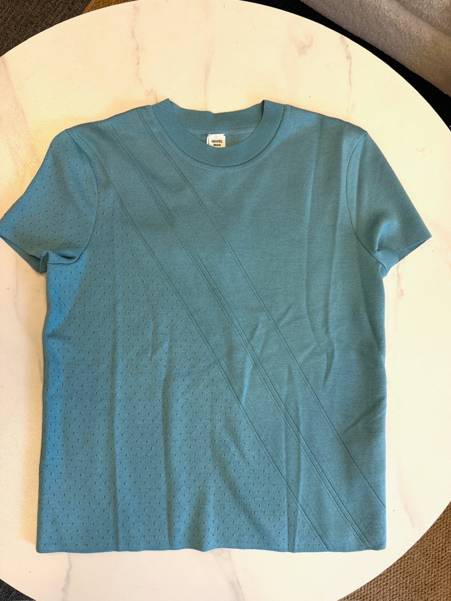 FR36 - Hermès Perforated Knit Top - Teal Blue
