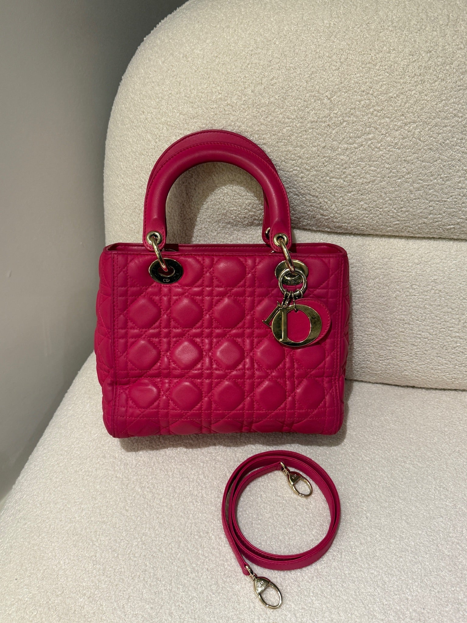 Dior Lady Dior Fuchsia Medium Handbag with Detachable Strap