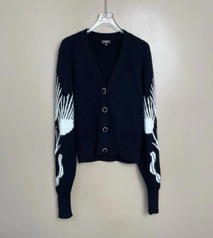 Chanel 21A Castle Collection Black and White Color Block Wings Knit Cardigan, Size 38 SYCC2110