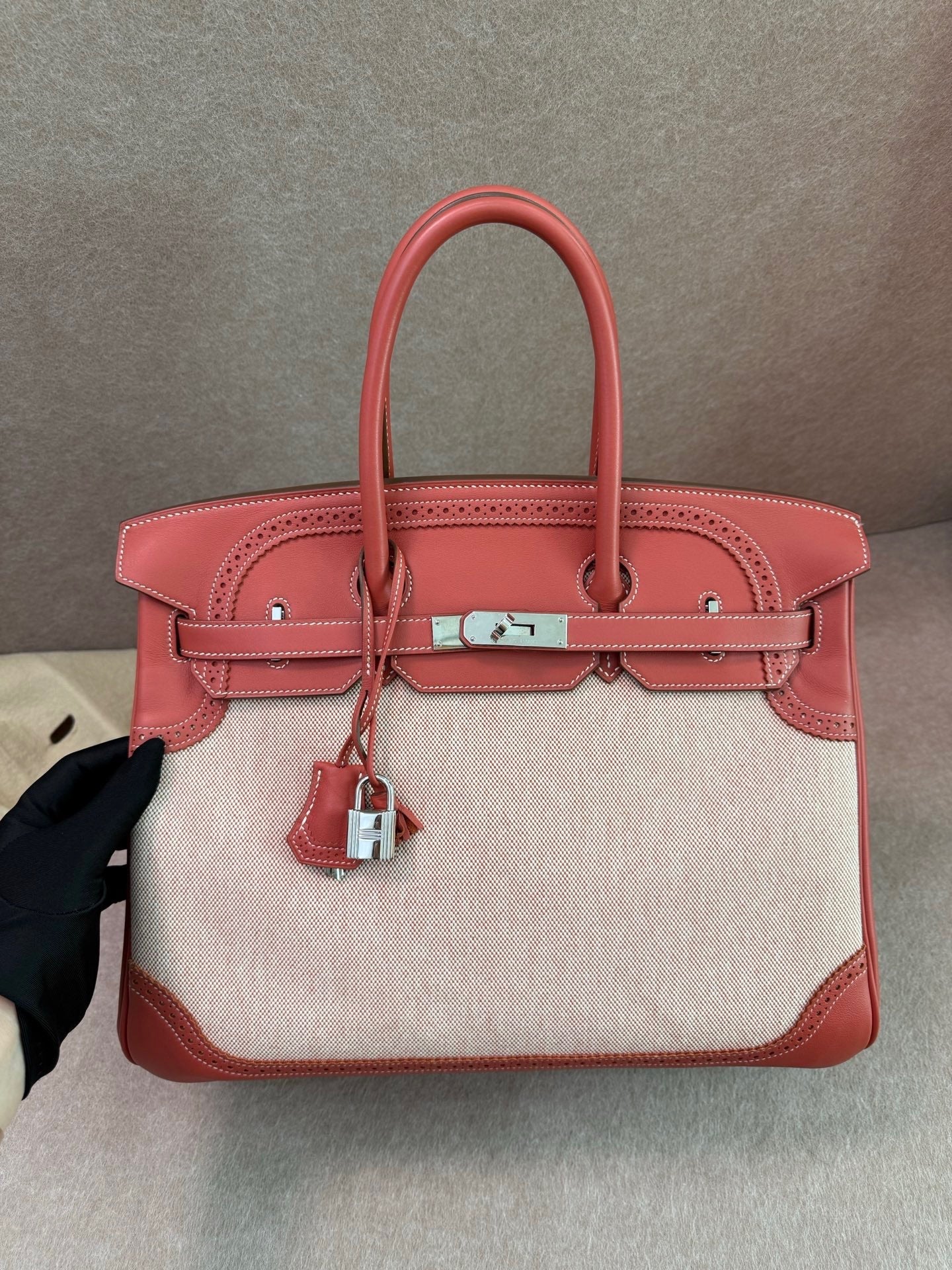 Hermès Birkin 35 Ghillies Sanguine Toile Canvas & Swift Leather Palladium Hardware