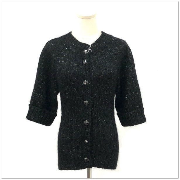 Chanel Black Metallic Flecked Knit Short-Sleeve Cardigan Sweater size 36 C12938370258