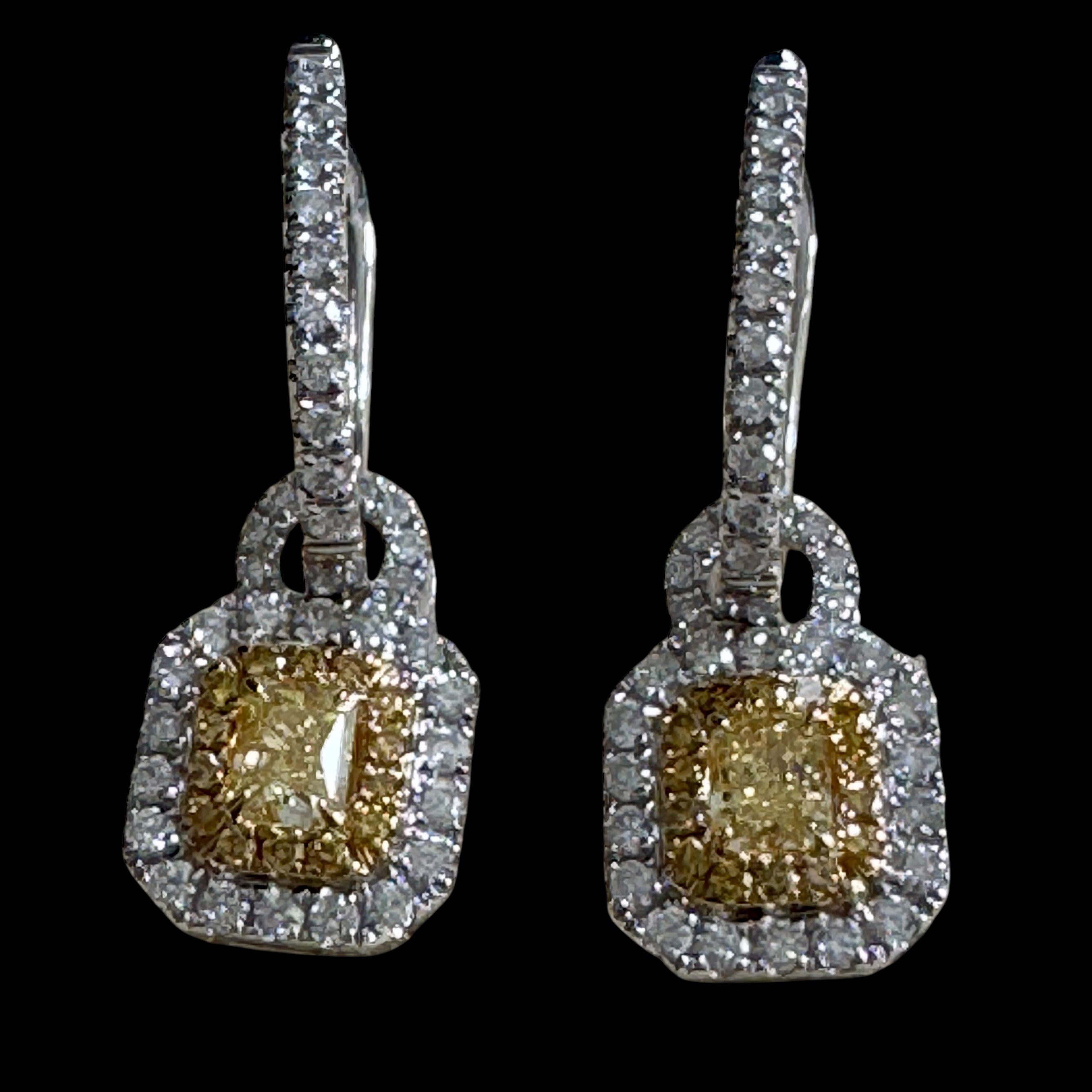 0.38ct Yellow Diamond with 0.578ct Natural White Diamond Earrings set in 18K White Gold