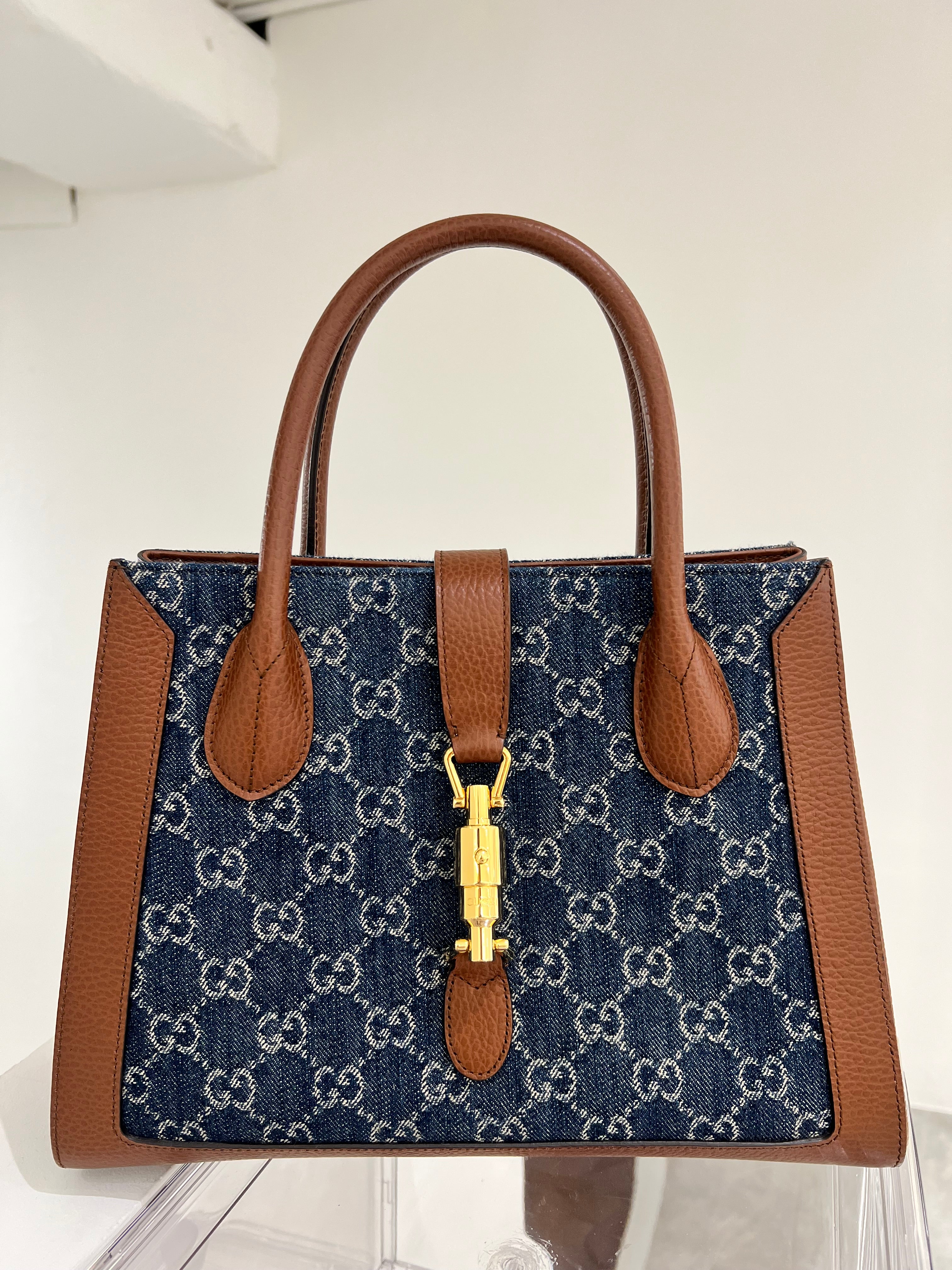 GUCCI DARK BLUE+BROWN GG JAQUARD DENIM+LEATHER BAG BAG SYC1979