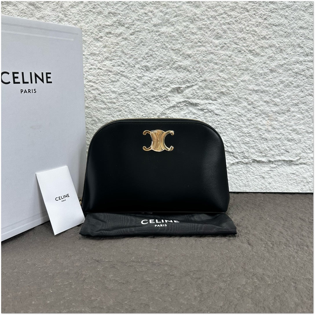 Celine Black Smooth Leather Triomphe Cosmetic Pouch C19497337244