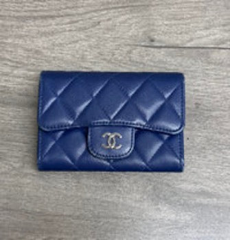 CHANEL Blue Lambskin Short Wallet with Silver Buckle 3022605132133