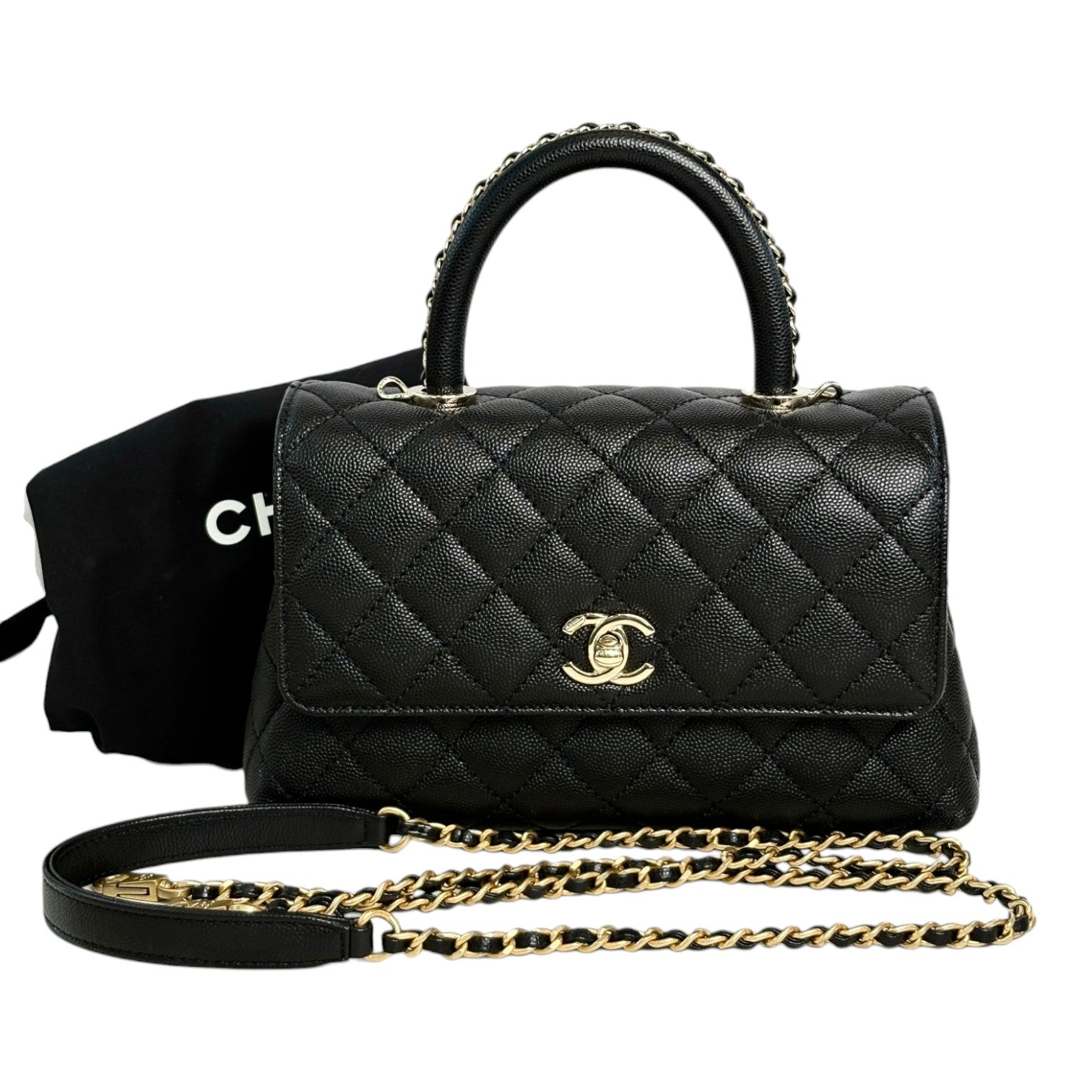 Chanel Black Caviar Coco Handle Small Bag with Chain Handle