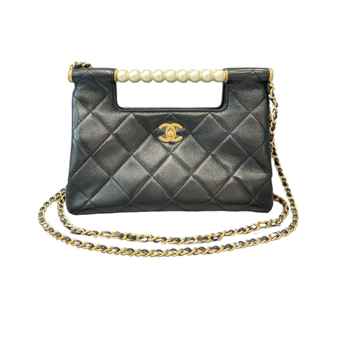 Chanel Small Black Shiny Lambskin with Pearl Top Handle and GHW