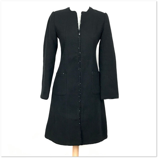 Chanel Black Collarless Sequin-Trimmed Zip-Up Coat Dress size 34 C134191209043