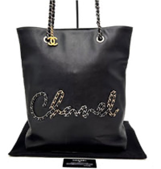 CHANEL Black Leather Chain-Loop Tote Bag 3052605091475