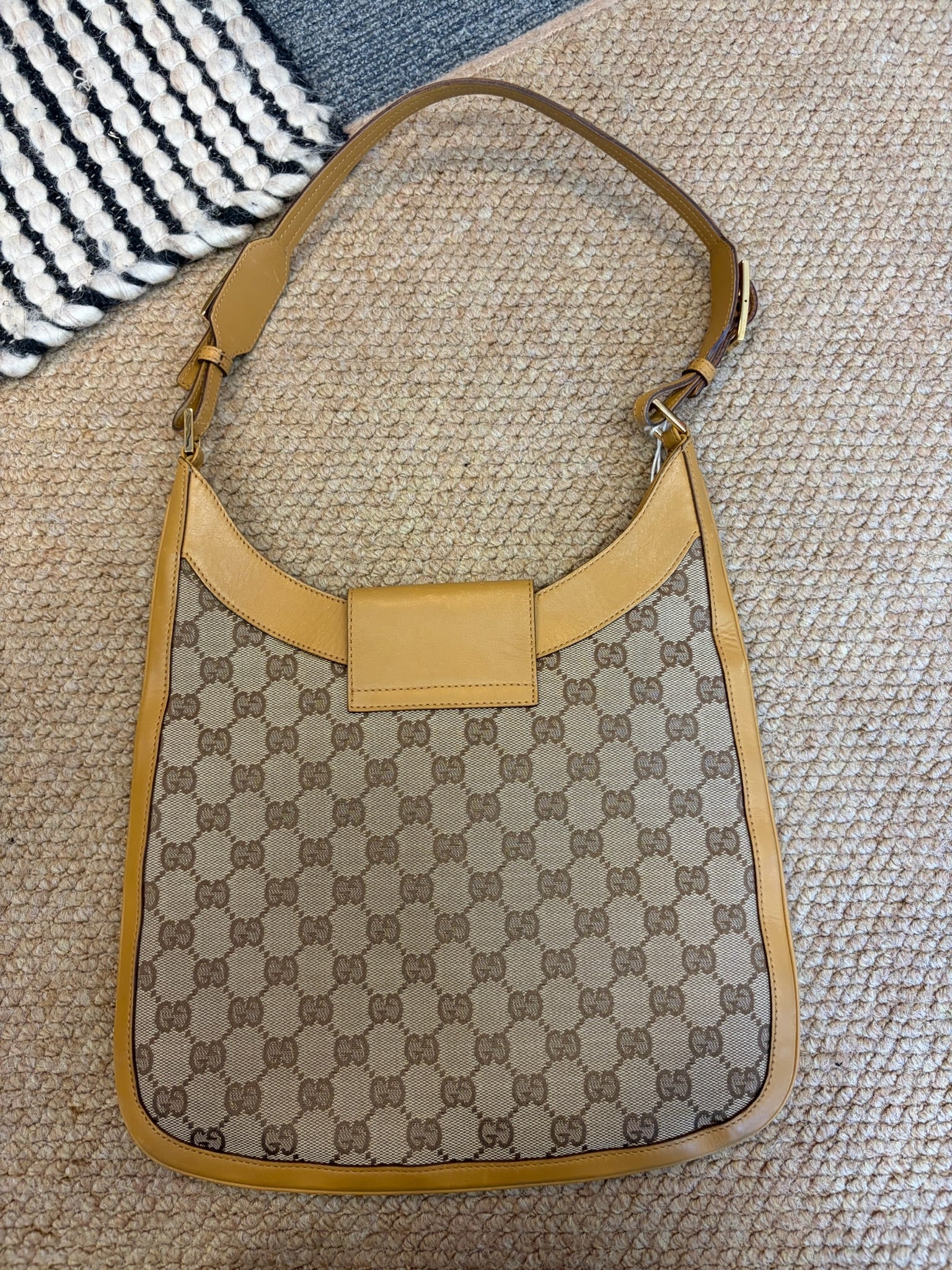 Gucci GG Shoulder Bag Light Brown Leather Trim GHW