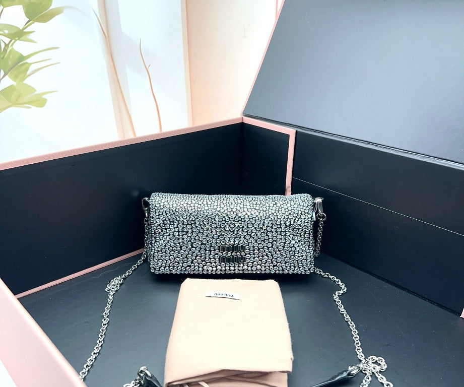 Miu Miu Silver Crystal Embellished Satin Shoulder Bag 22411891