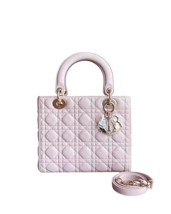 DIOR LADY MEDIUM CANNAGE LAMBSKIN LIGHT PINK GOLD HARDWARE SYCMDA122