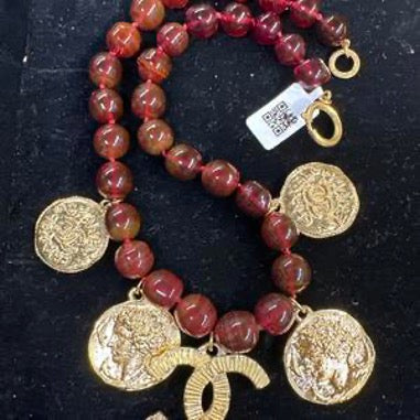 CHANEL 1971-1980 Red Glass Gold Coin Double C Necklace LE607005