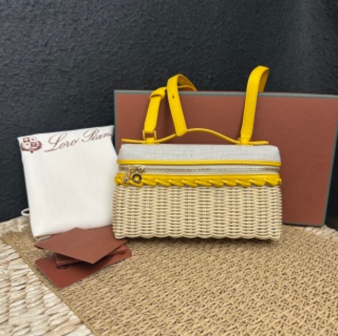 Loro Piana LP rattan and leather patchwork lunchbox bag US632011