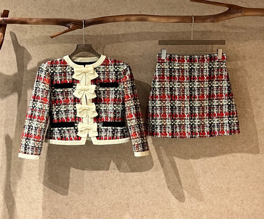Gucci color-blocked tweed plaid Chanel-style mini skirt suit / Size 40 / 99% new / 42394 SYCF42394