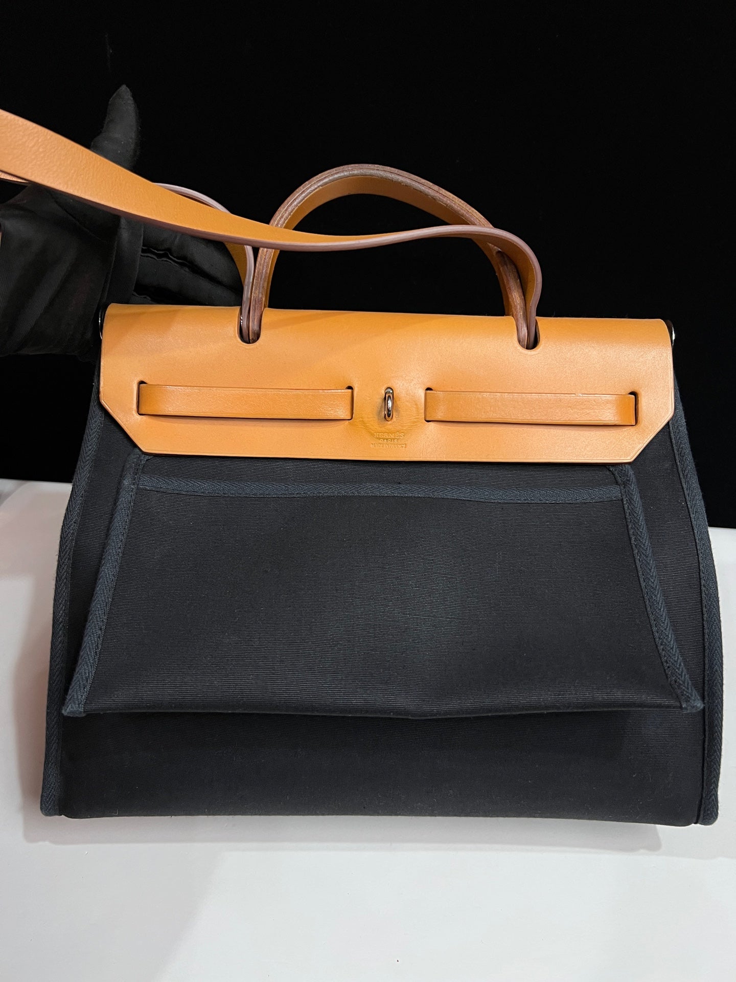 Hermès Herbag 31 Black Canvas Tan Leather Palladium Hardware G Stamp