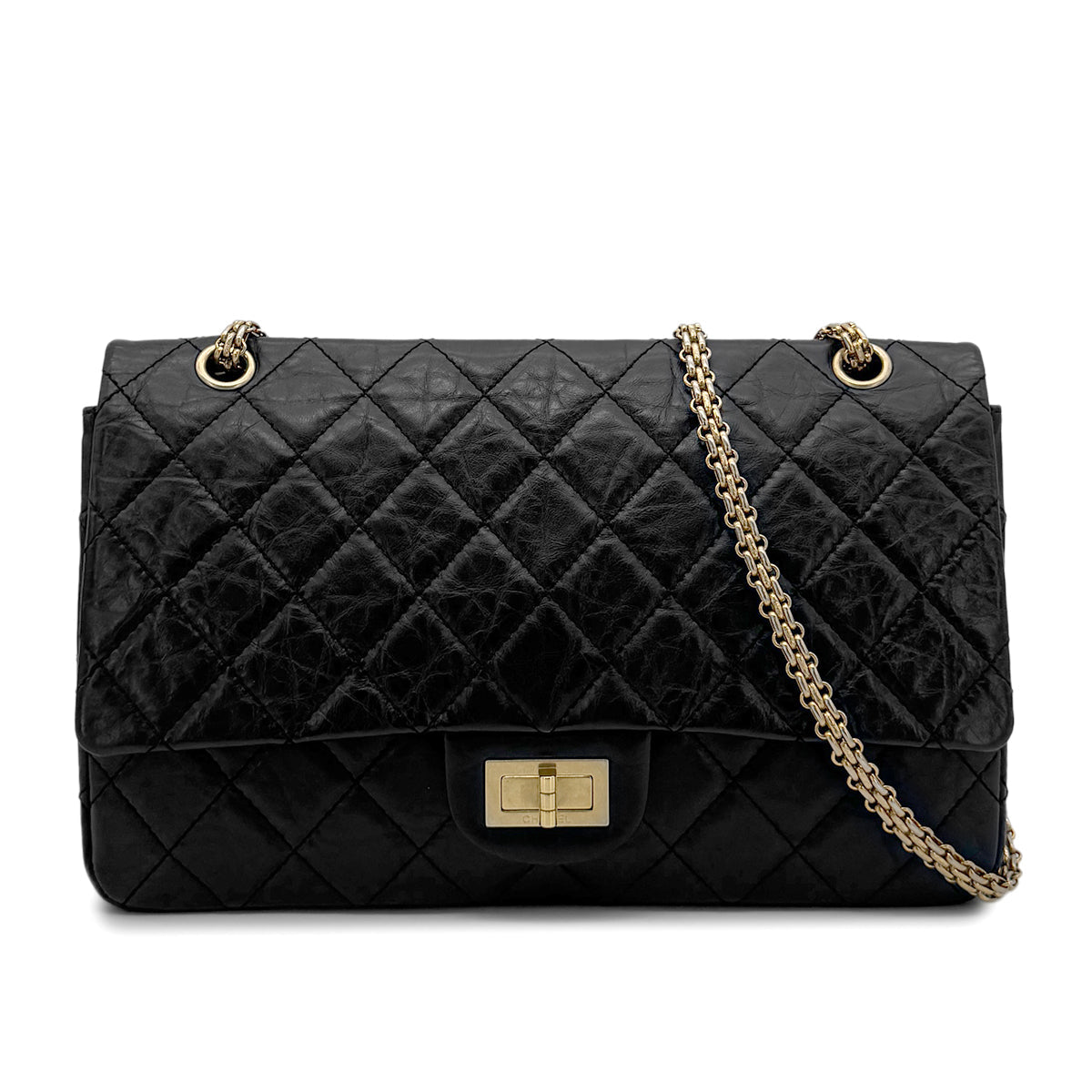 CHANEL 2.55 CHAIN SHOULDER BAG BLACK CALF LEATHER 90197993